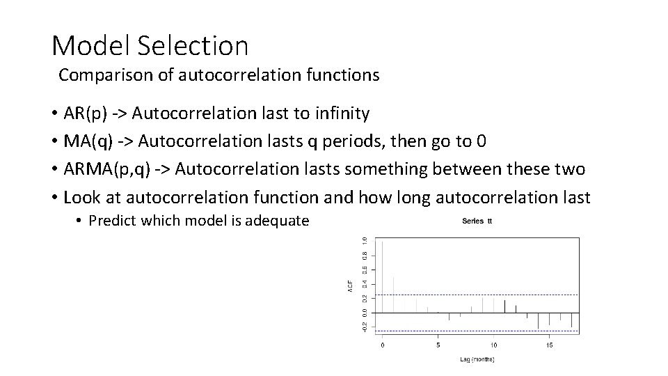Model Selection Comparison of autocorrelation functions • AR(p) -> Autocorrelation last to infinity •