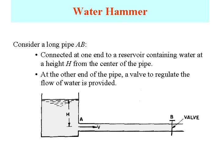 Water Hammer Consider a long pipe AB: • Connected at one end to a