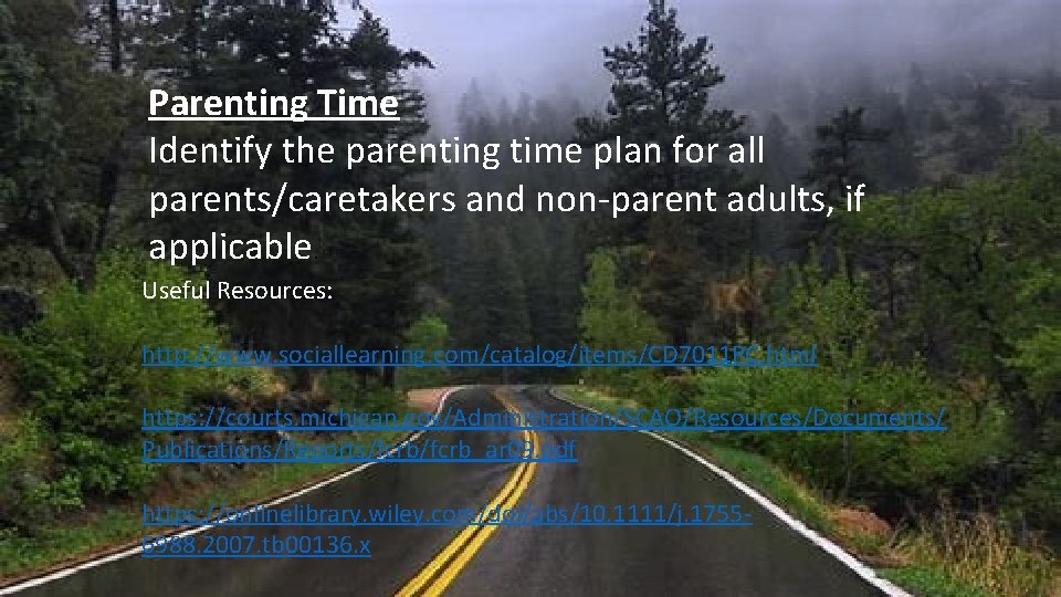 Parenting Time Identify the parenting time plan for all parents/caretakers and non parent adults, Parenting Time Identify the parenting time plan for all parents/caretakers and non parent adults,