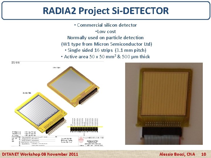 RADIA 2 Project Si-DETECTOR • Commercial silicon detector • Low cost Normally used on