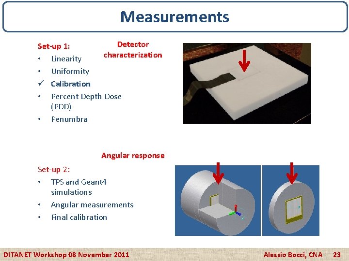 Measurements Detector Set-up 1: characterization • Linearity • Uniformity ü Calibration • Percent Depth
