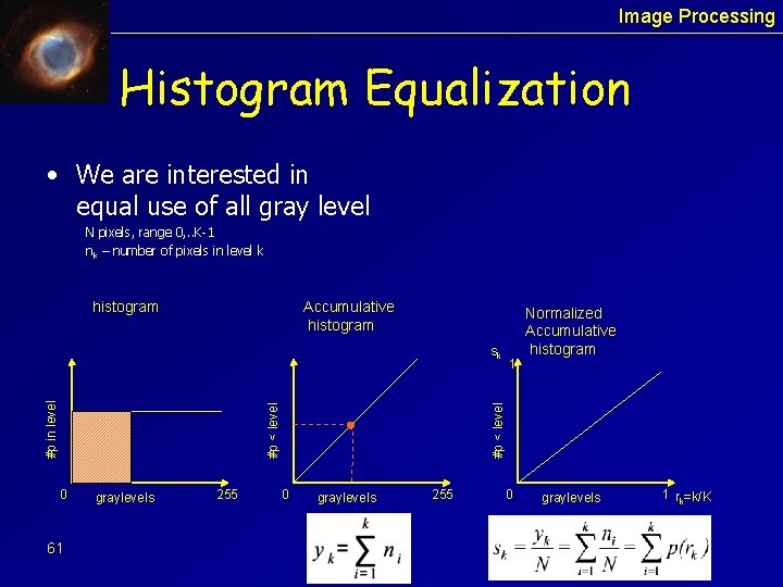 Image Processing Histogram Equalization • We are interested in equal use of all gray