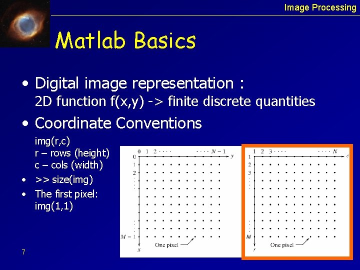 Image Processing Matlab Basics • Digital image representation : 2 D function f(x, y)