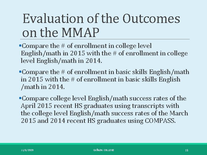 Evaluation of the Outcomes on the MMAP §Compare the # of enrollment in college