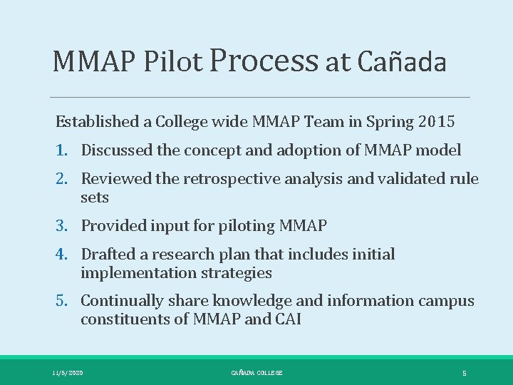 MMAP Pilot Process at Cañada Established a College wide MMAP Team in Spring 2015
