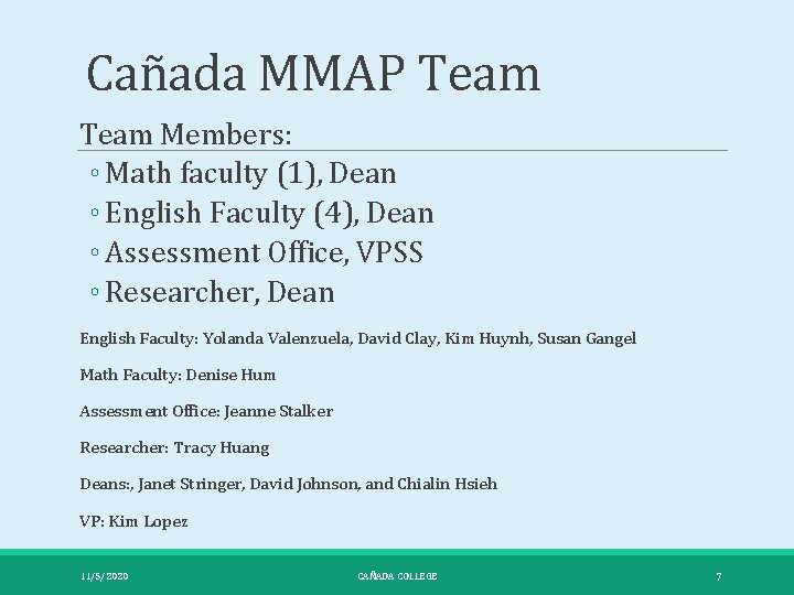 Cañada MMAP Team Members: ◦ Math faculty (1), Dean ◦ English Faculty (4), Dean