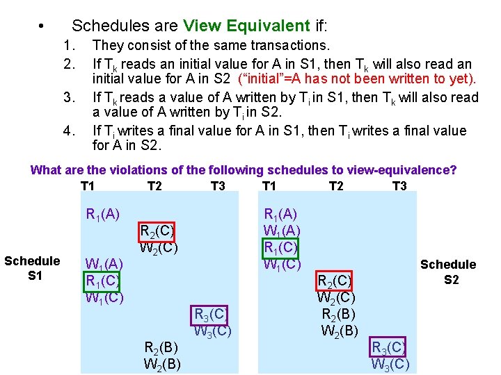  • Schedules are View Equivalent if: 1. 2. 3. 4. They consist of