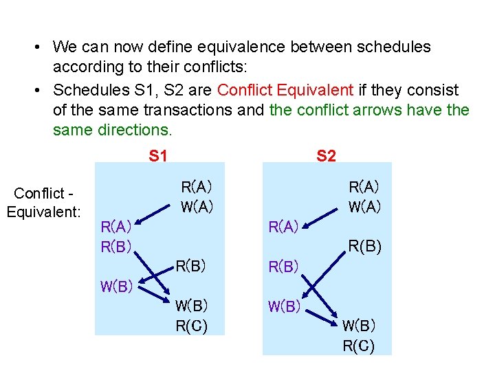  • We can now define equivalence between schedules according to their conflicts: •