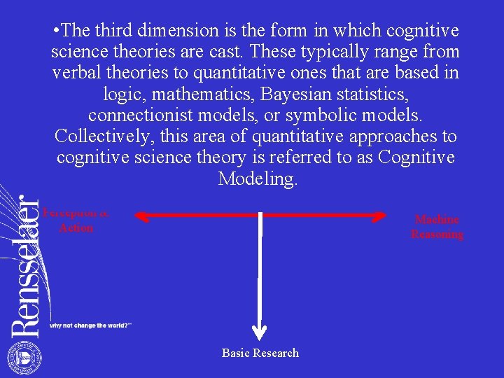  • The third dimension is the form in which cognitive science theories are