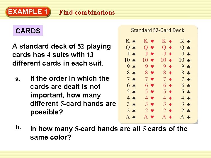 EXAMPLE 1 Find combinations CARDS A standard deck of 52 playing cards has 4