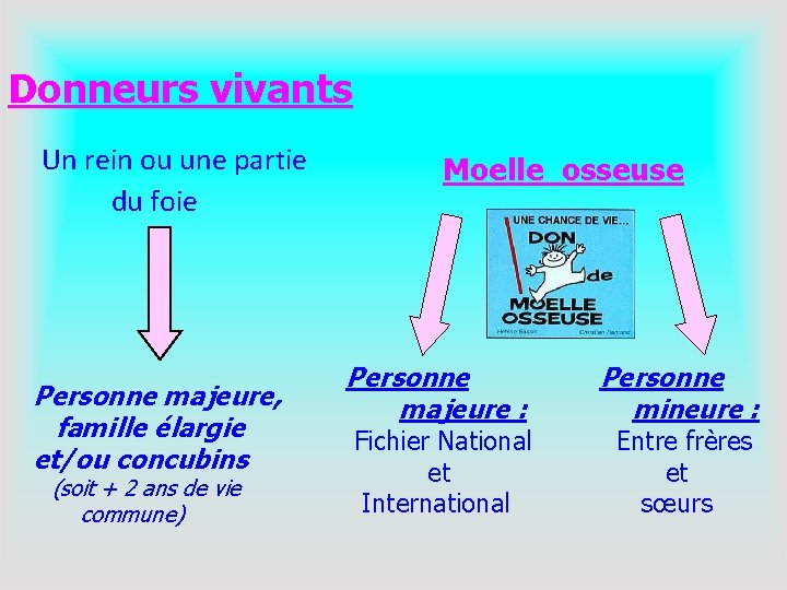 Donneurs vivants Un rein ou une partie du foie Personne majeure, famille élargie et/ou