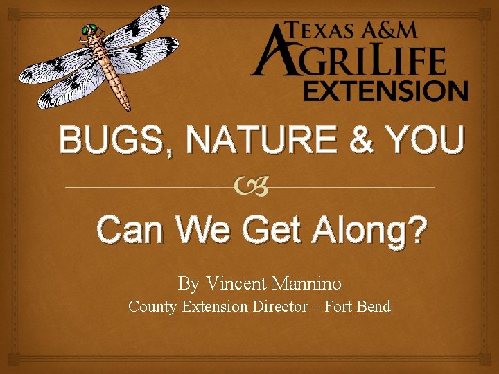 BUGS, NATURE & YOU Can We Get Along? By Vincent Mannino County Extension Director