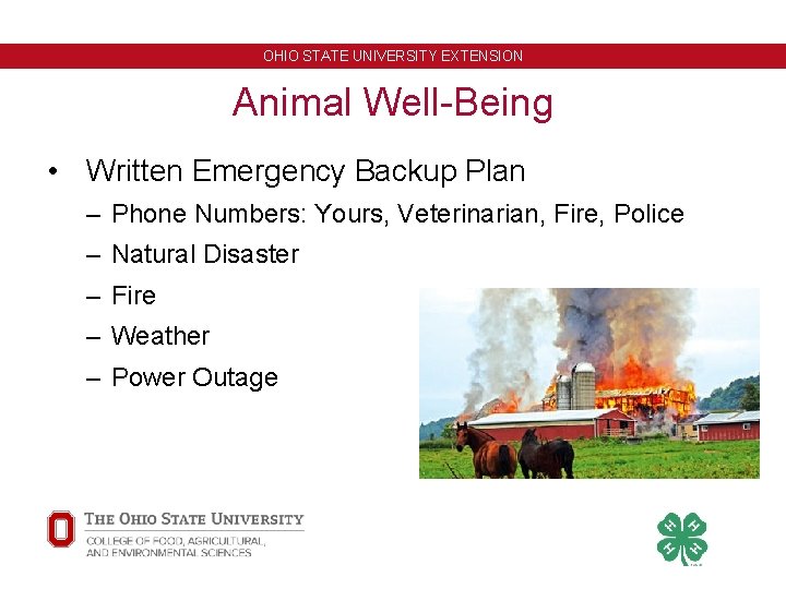 OHIO STATE UNIVERSITY EXTENSION Animal Well-Being • Written Emergency Backup Plan – Phone Numbers: