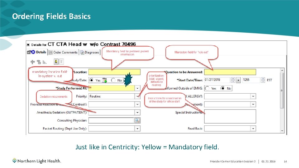 Ordering Fields Basics Just like in Centricity: Yellow = Mandatory field. Provider Cerner Education