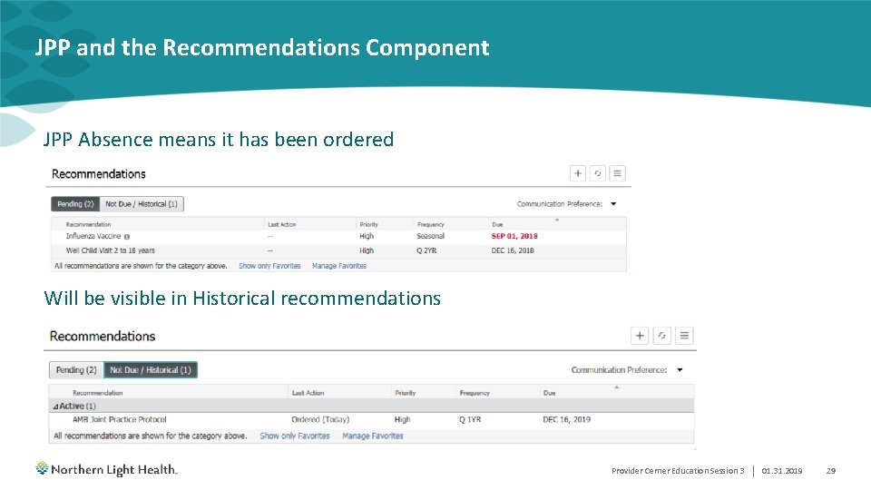 JPP and the Recommendations Component JPP Absence means it has been ordered Will be