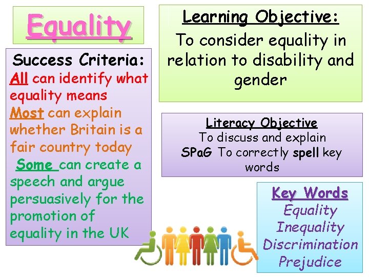 Equality Success Criteria: All can identify what equality means Most can explain whether Britain