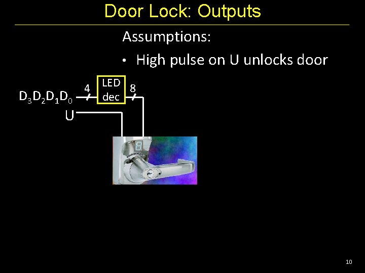 Door Lock: Outputs Assumptions: • High pulse on U unlocks door D 3 D