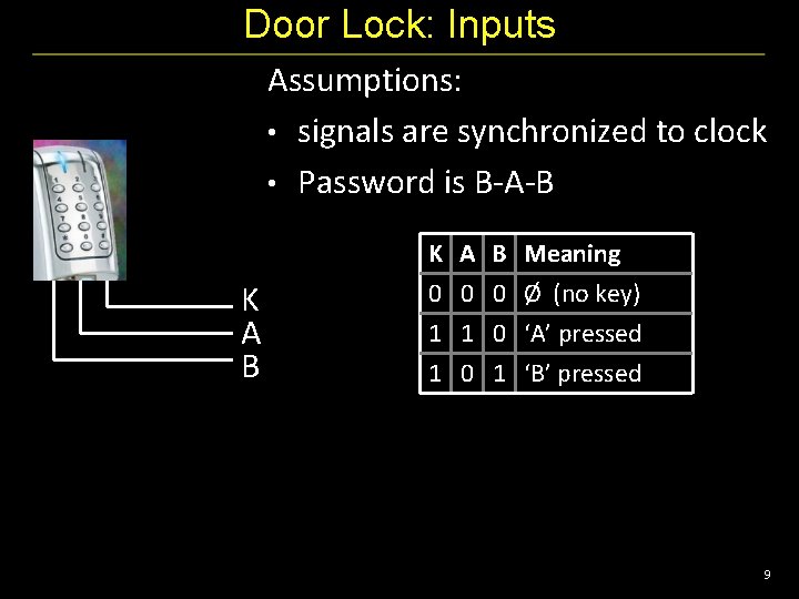 Door Lock: Inputs Assumptions: • signals are synchronized to clock • Password is B-A-B