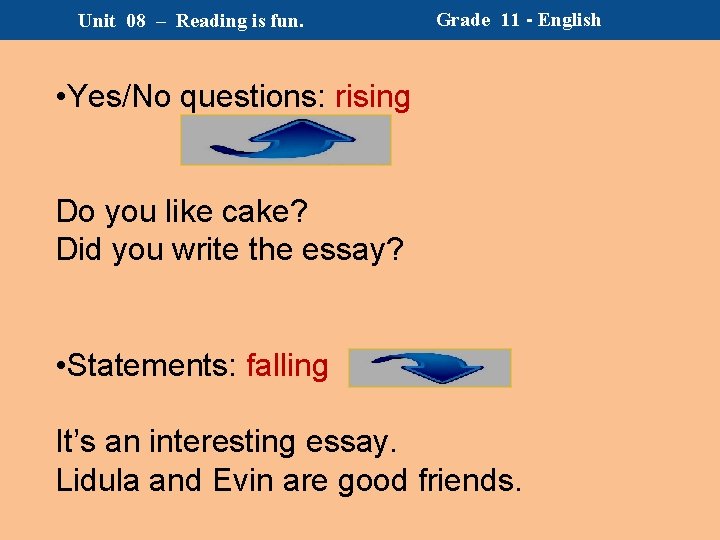 Unit 08 – Reading is fun. Grade 11 - English • Yes/No questions: rising Unit 08 – Reading is fun. Grade 11 - English • Yes/No questions: rising