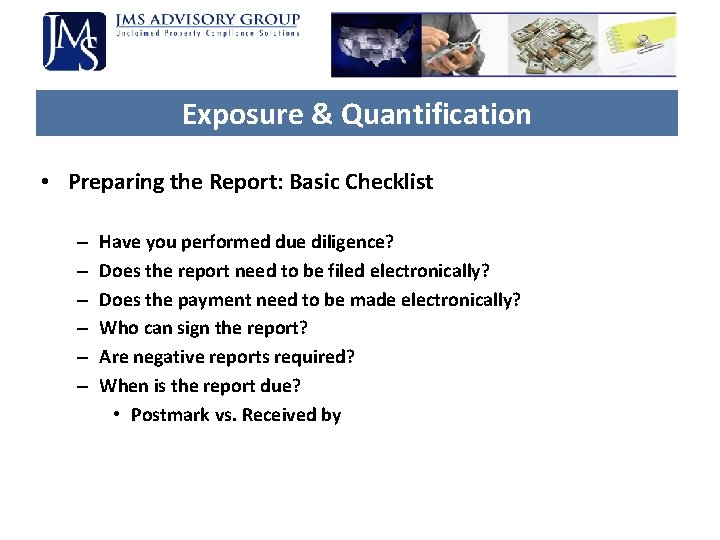 Exposure & Quantification • Preparing the Report: Basic Checklist – – – Have you Exposure & Quantification • Preparing the Report: Basic Checklist – – – Have you
