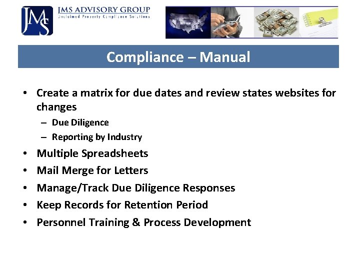 Compliance – Manual • Create a matrix for due dates and review states websites Compliance – Manual • Create a matrix for due dates and review states websites