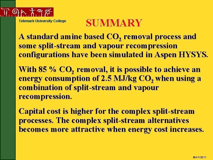 Telemark University College SUMMARY A standard amine based CO 2 removal process and some