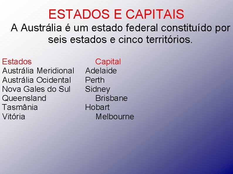 ESTADOS E CAPITAIS A Austrália é um estado federal constituído por seis estados e