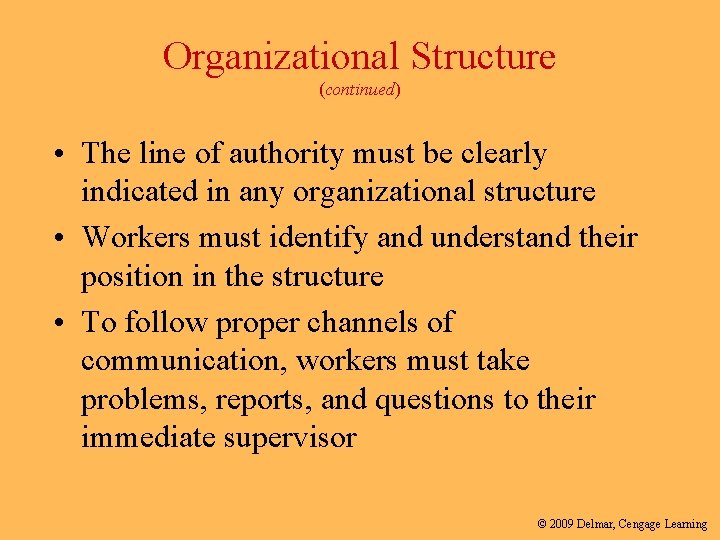 Organizational Structure (continued) • The line of authority must be clearly indicated in any