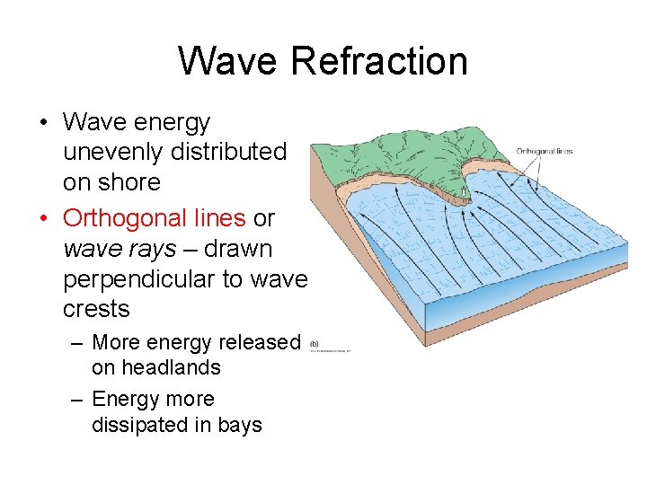 Wave Refraction • Wave energy unevenly distributed on shore • Orthogonal lines or wave