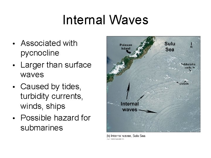 Internal Waves Associated with pycnocline • Larger than surface waves • Caused by tides,