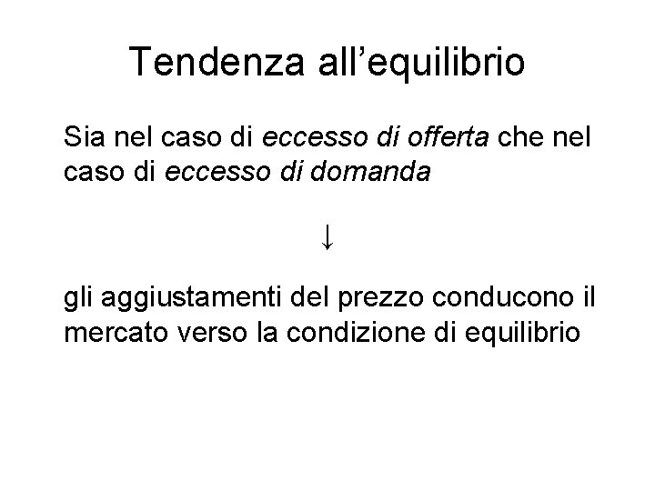 Tendenza all’equilibrio Sia nel caso di eccesso di offerta che nel caso di eccesso