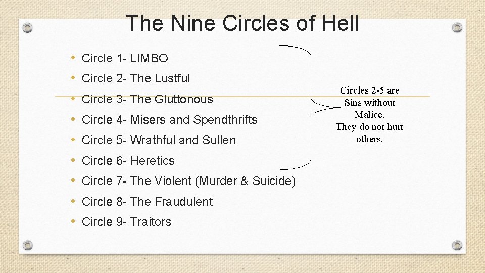 The Nine Circles of Hell • • • Circle 1 - LIMBO Circle 2