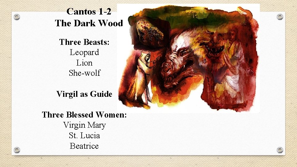 Cantos 1 -2 The Dark Wood Three Beasts: Leopard Lion She-wolf Virgil as Guide
