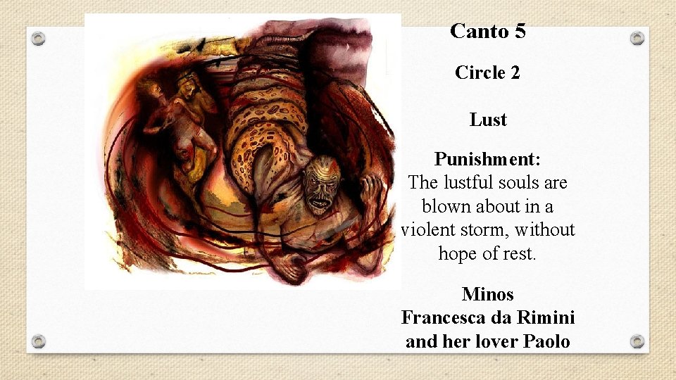 Canto 5 Circle 2 Lust Punishment: The lustful souls are blown about in a