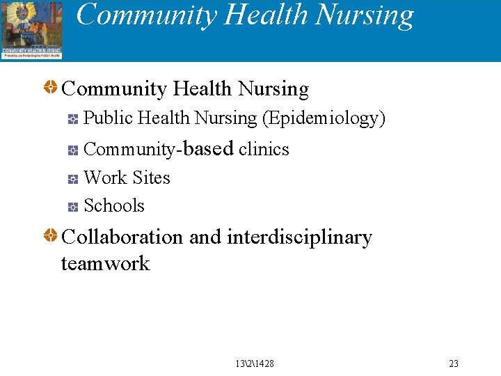 Community Health Nursing Public Health Nursing (Epidemiology) Community-based clinics Work Sites Schools Collaboration and