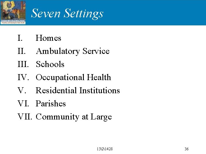 Seven Settings I. III. IV. V. VII. Homes Ambulatory Service Schools Occupational Health Residential