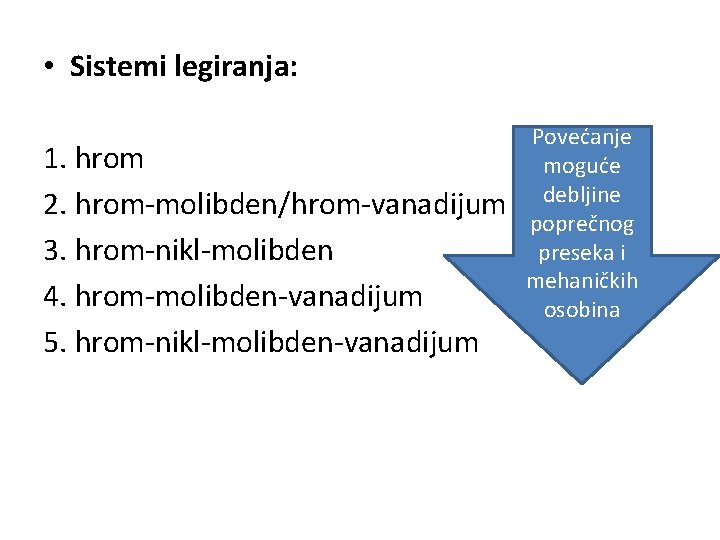  • Sistemi legiranja: 1. hrom 2. hrom-molibden/hrom-vanadijum 3. hrom-nikl-molibden 4. hrom-molibden-vanadijum 5. hrom-nikl-molibden-vanadijum