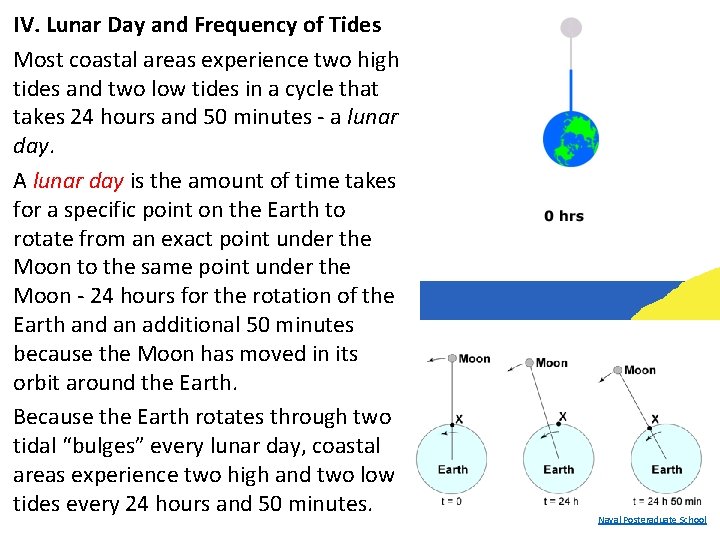 IV. Lunar Day and Frequency of Tides Most coastal areas experience two high tides
