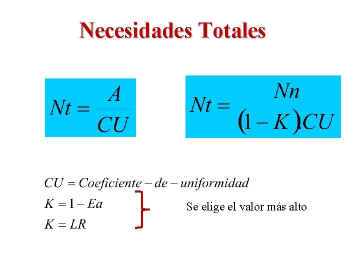 Necesidades Totales Se elige el valor más alto 