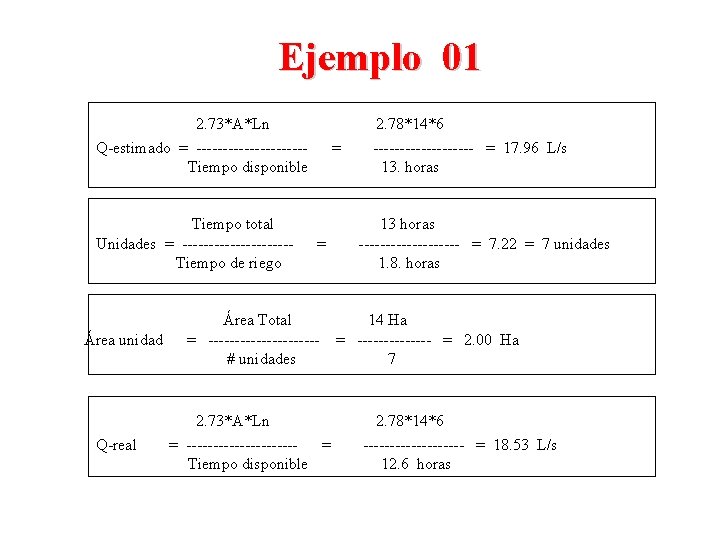 Ejemplo 01 2. 73*A*Ln Q-estimado = ----------Tiempo disponible Tiempo total Unidades = ----------Tiempo de