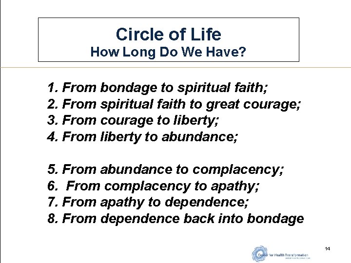 Circle of Life How Long Do We Have? 1. From bondage to spiritual faith;