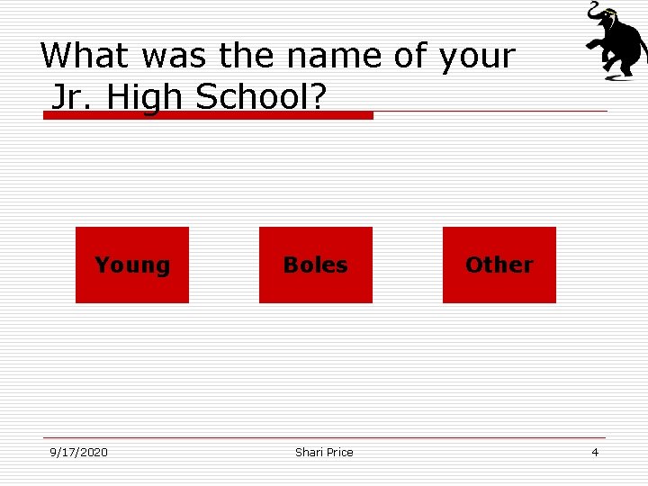 What was the name of your Jr. High School? Young 9/17/2020 Boles Shari Price