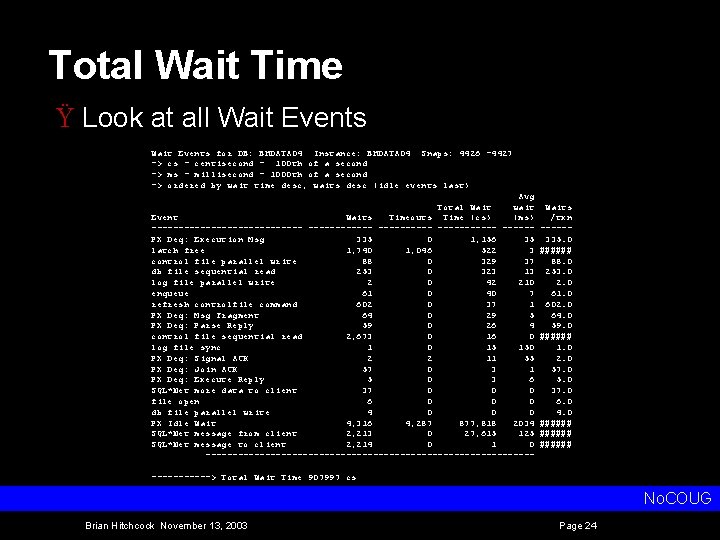 Total Wait Time Ÿ Look at all Wait Events for DB: BHDATA 04 Instance: