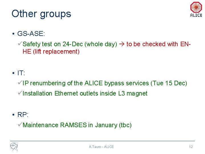 Other groups • GS-ASE: üSafety test on 24 -Dec (whole day) to be checked