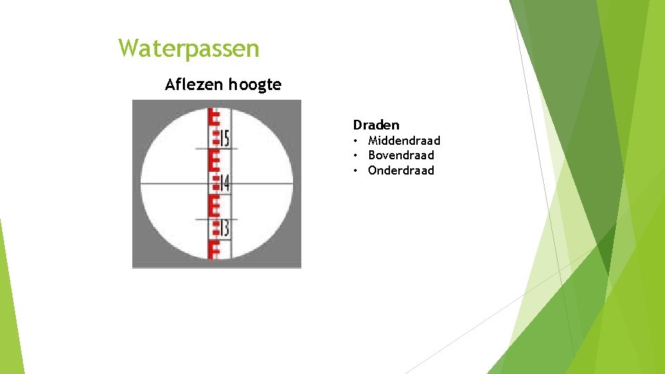 Waterpassen Aflezen hoogte Draden • Middendraad • Bovendraad • Onderdraad 