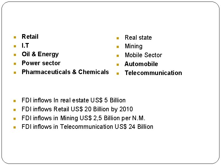 n n n n n Retail I. T Oil & Energy Power sector Pharmaceuticals