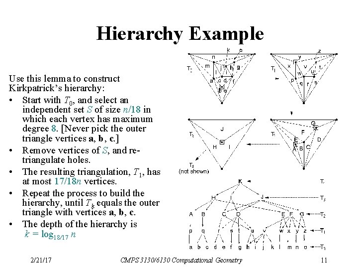 Hierarchy Example Use this lemma to construct Kirkpatrick’s hierarchy: • Start with T 0,