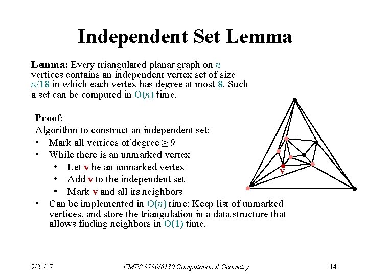 Independent Set Lemma: Every triangulated planar graph on n vertices contains an independent vertex