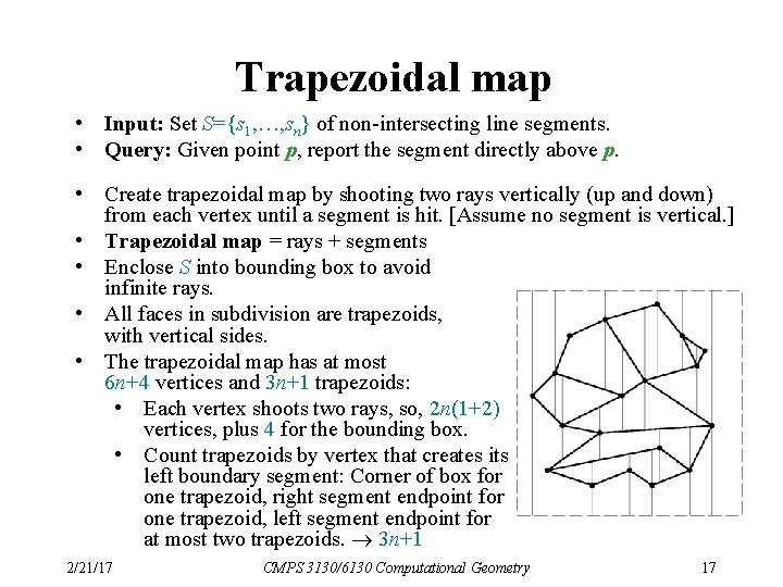 Trapezoidal map • Input: Set S={s 1, …, sn} of non-intersecting line segments. •