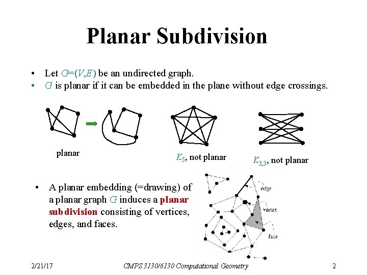 Planar Subdivision • Let G=(V, E) be an undirected graph. • G is planar